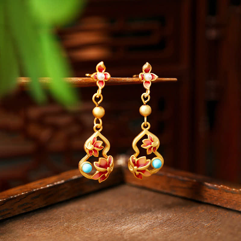 Buddha Stones Turquoise Cloisonné Lotus Gourd Accent Enlightenment Drop Earrings