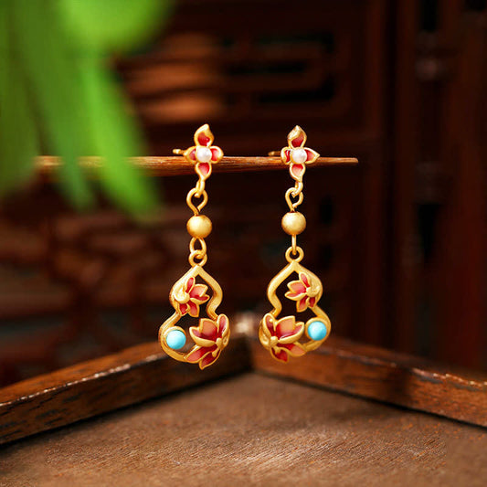 Buddha Stones Turquoise Cloisonné Lotus Gourd Accent Enlightenment Drop Earrings