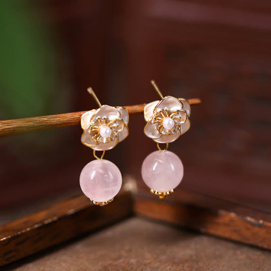 Buddha Stones Rose Quartz Camellia Loving Energy Drop Earrings
