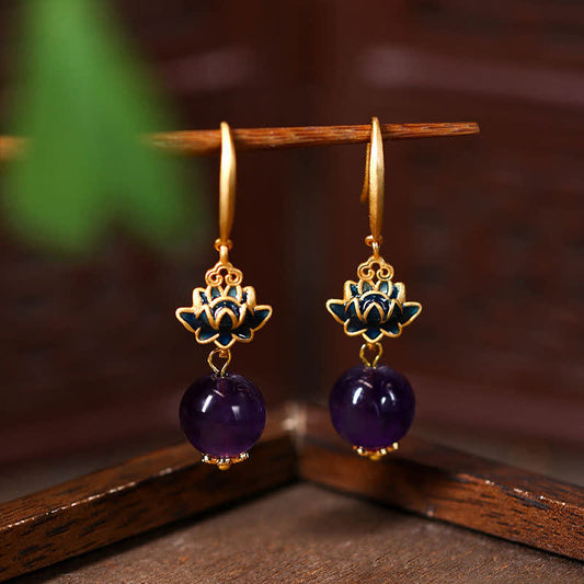 Buddha Stones Amethyst Lotus Enlightenment Drop Earrings