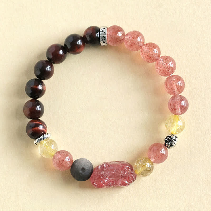 Buddha Stones Strawberry Quartz and Silver Sheen Obsidian Pixiu Love Hand Carved Couples Bracelet