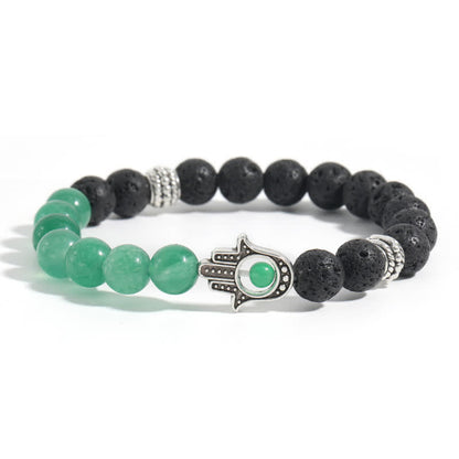 Buddha Stones Lava Rock Hamsa Palm Protection Handcrafted Round Bracelet