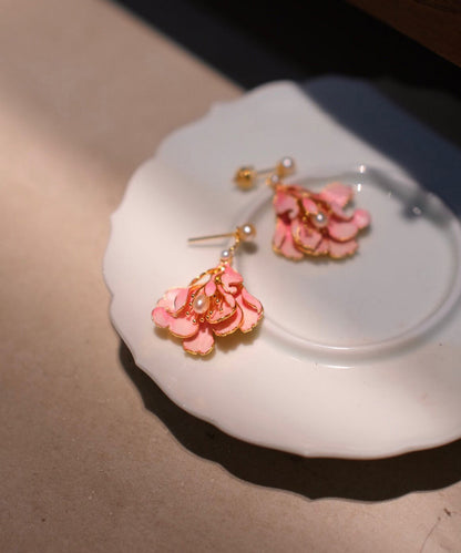 Pink Alloy Pearl Enamel Jade Orchid Drop Earrings