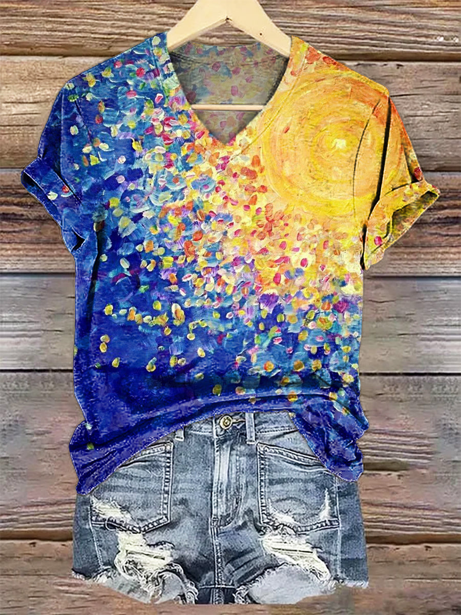 Women's Sun Art Print V-Neck Casual T-Shirt