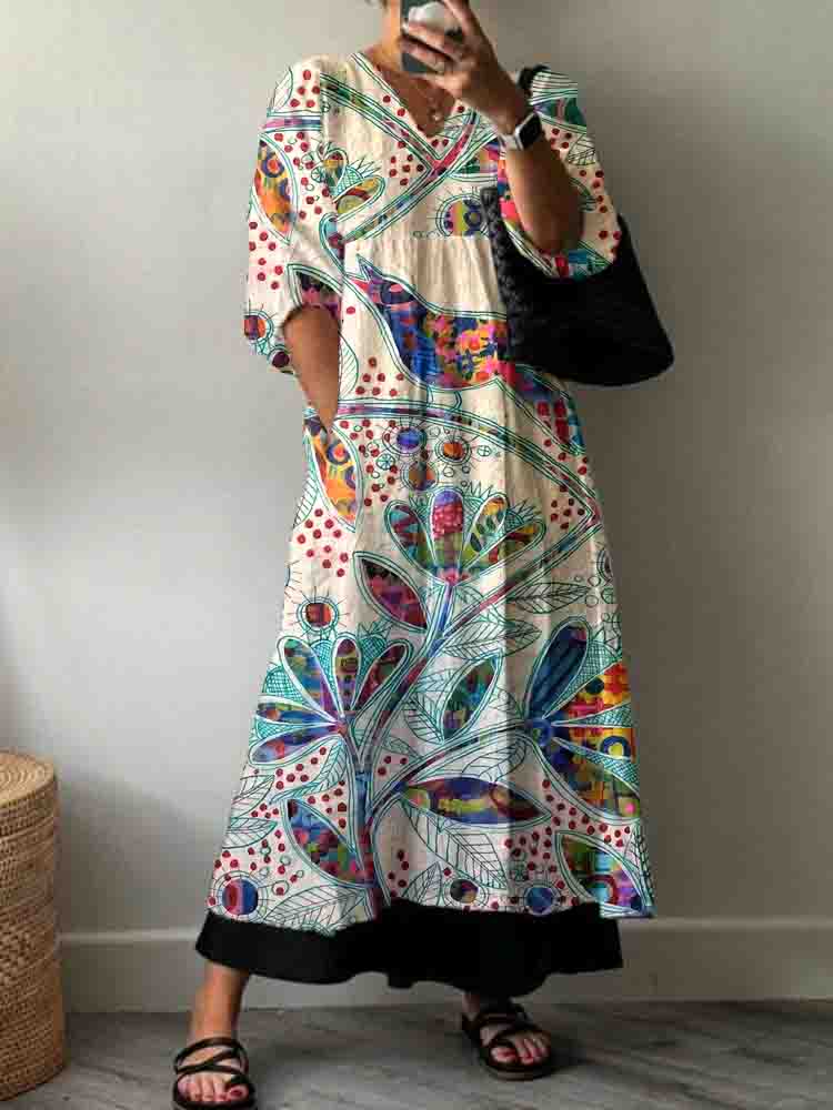 Women's Artistic Flower Color Block Pattern Cotton Dress