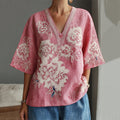 Women's Elegant Cherry Blossom Embroidery Contrast Color T-shirt artswardrobe