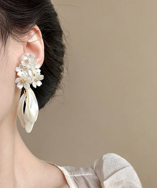 White Copper Acrylic Pearl Jasmine Tassel Stud Earrings