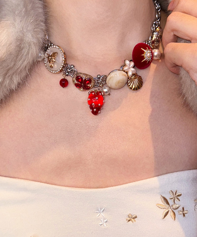 Handmade Red Strawberry Zircon Button Adjustable Alloy Choker