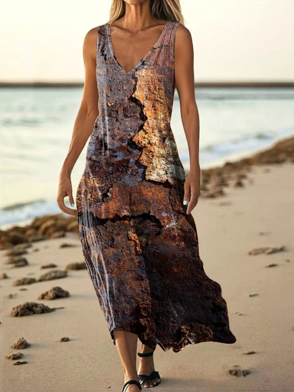 Women's Ethnic Texture Art Print V Neck Sleeveless Pocket Cotton Dress