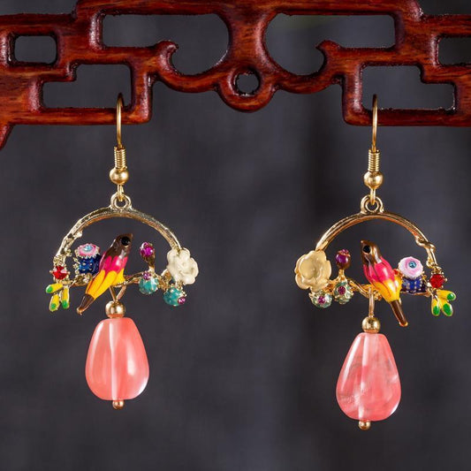 Bird and Flower Chalcedony Pendant Earrings