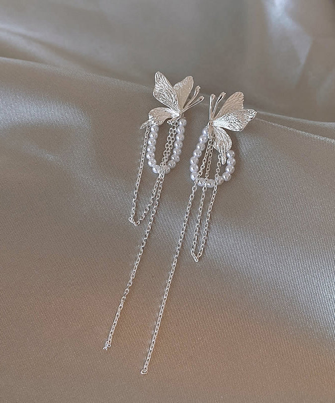 Skinny Silk Copper Alloy Butterfly Pearl Tassel Drop Earrings