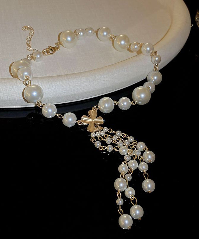 White Alloy Pearl Tassel Pendant Necklace