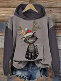 Christmas Cat Print Hooded Sweatshirt elevenforest