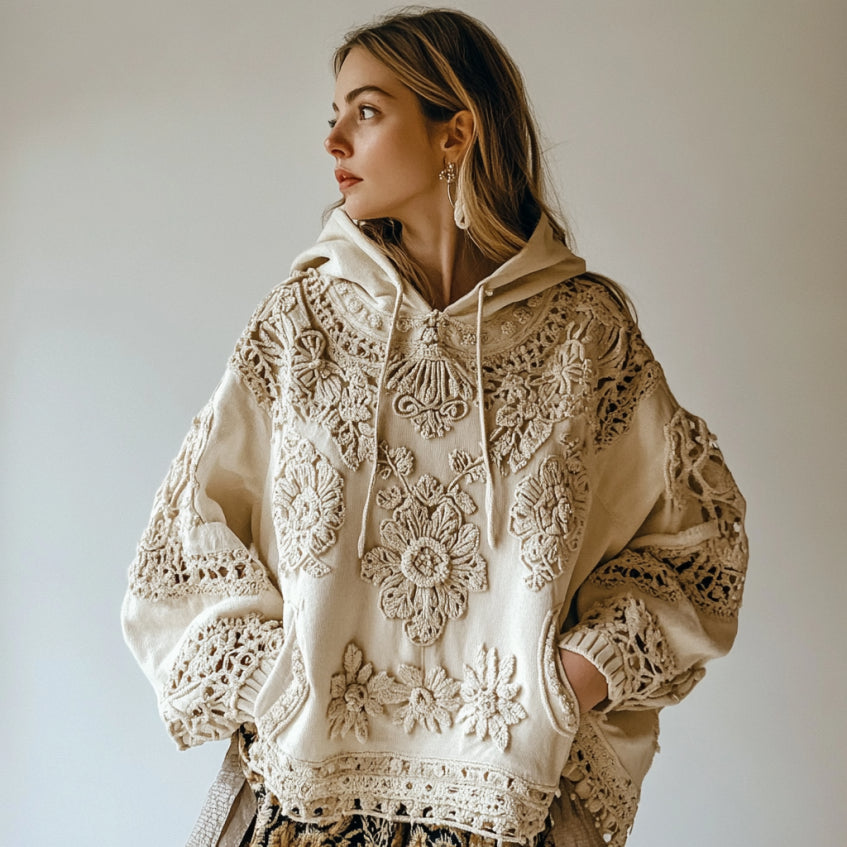 Comstylish Women's Floral Embroidery Art Casual Cozy Hoodie