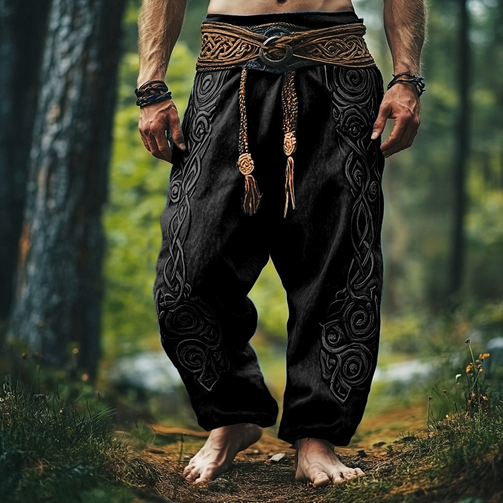 Tribal Viking Celtic Embroidery Art Linen Long Loose Wide-leg Pants artswardrobe