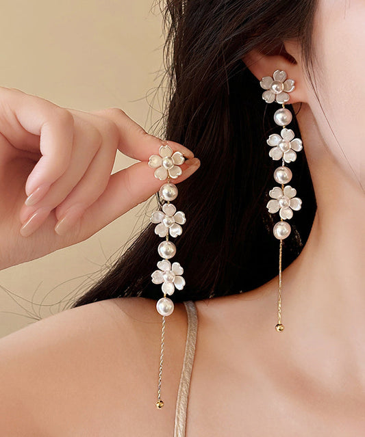 Classy White Copper Pearl Tassel Drop Earrings