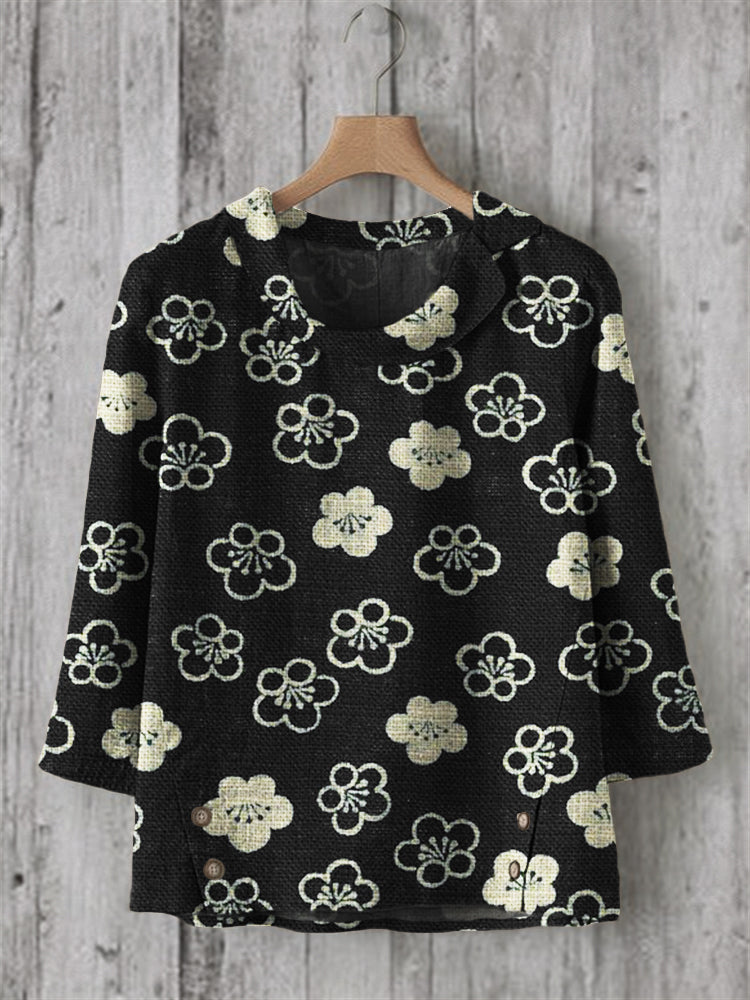 Comstylish Cherry Blossom Japanese Lino Pattern Linen Blend Tunic