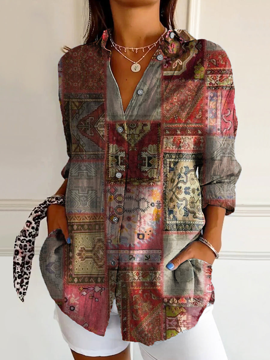 Women's Vintage Ethnic Floral Art Print Casual Cotton Shirt