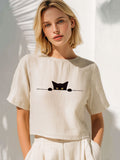 Women's Casual Funny Black Cat Print T-shirt elevenforest