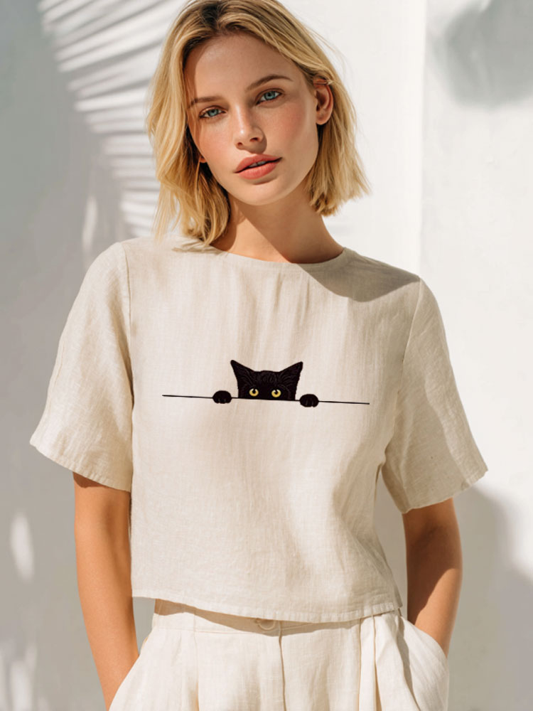 Women's Casual Funny Black Cat Print T-shirt elevenforest
