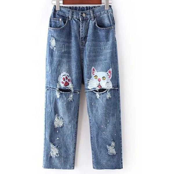 Retro Cute Cat Abstract Art Design Jeans elevenforest