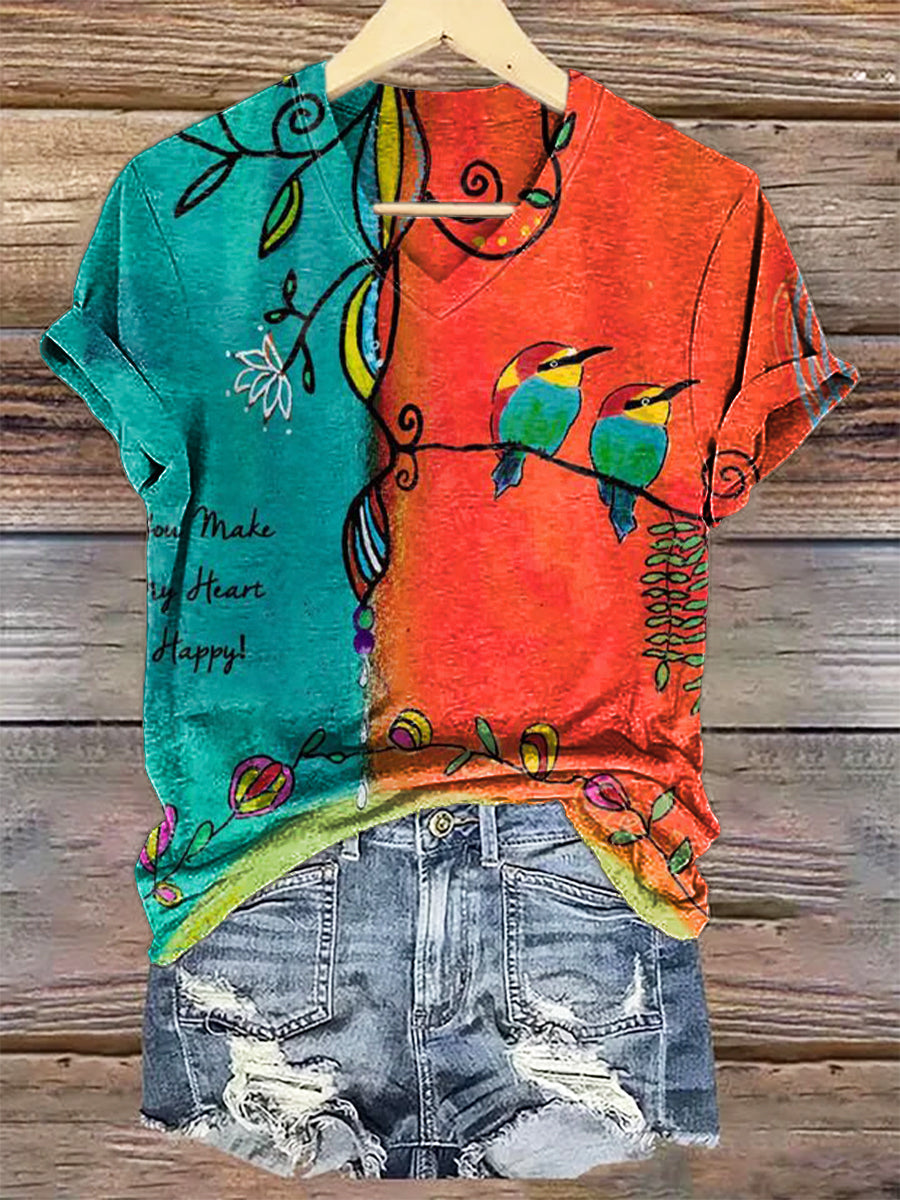 Women's Vintage Floral Bird Art Print V-neck Casual T-Shirt