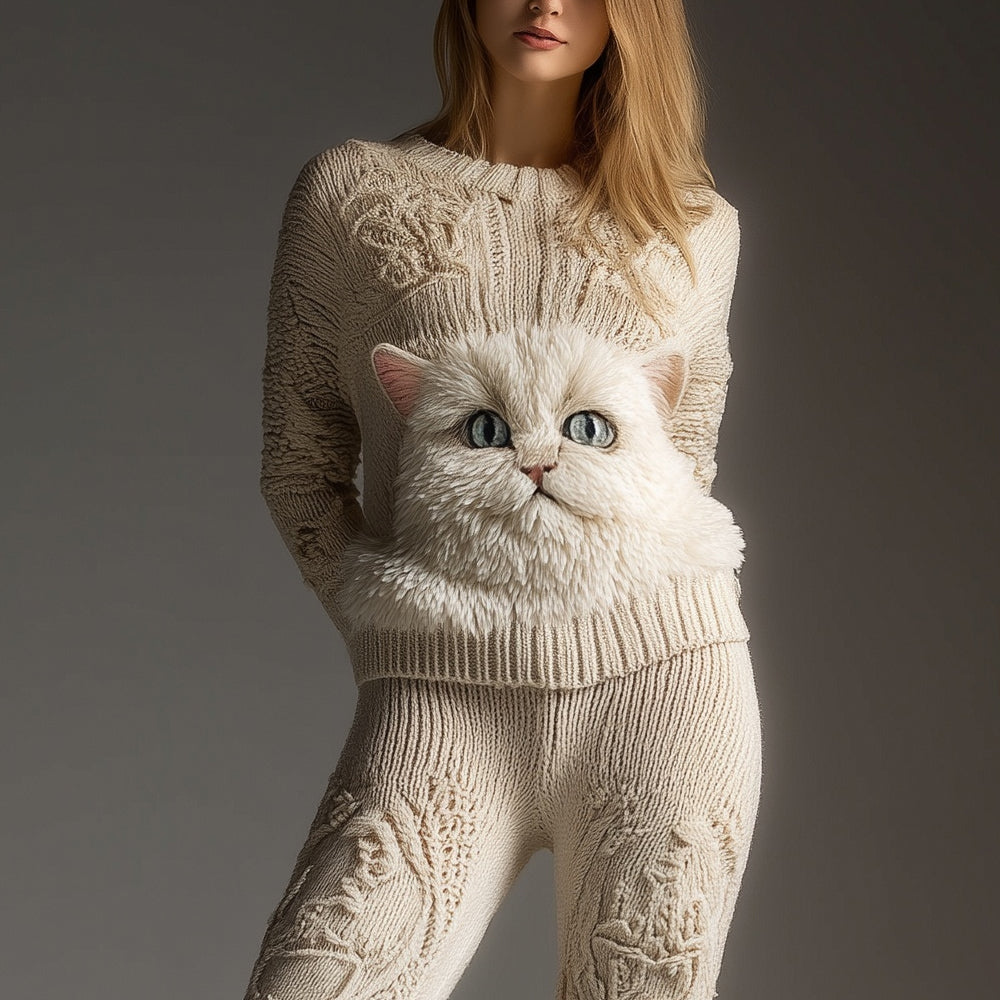 Comstylish Cute Fuzzy Cat Face Embroidered Cozy Knit Sweater