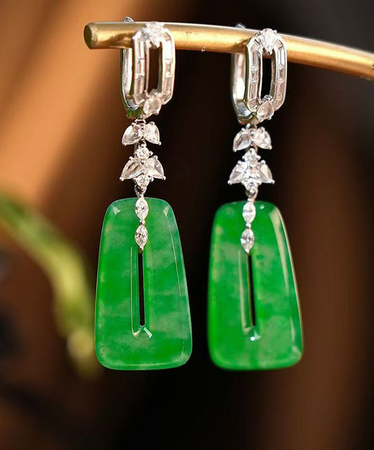 Green Sterling Silver Jade Square Hollow Out Drop Earrings