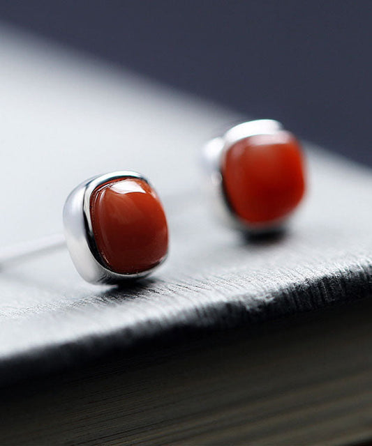 Red Sterling Silver Inlaid Agate Stud Earrings