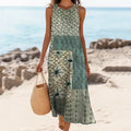 Women's Geometric Color Block Round Neck Linen Blend Tank Midi Dress artswardrobe