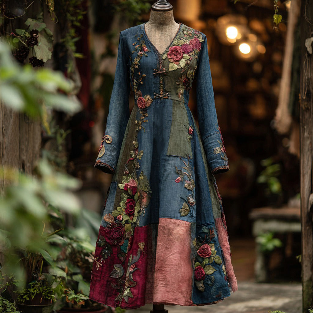 Women's Vintage Bohemian Floral Patchwork V-neck Long Dress elevenforest