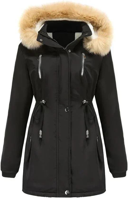LM | long coat with faux fur hood and fleece lining