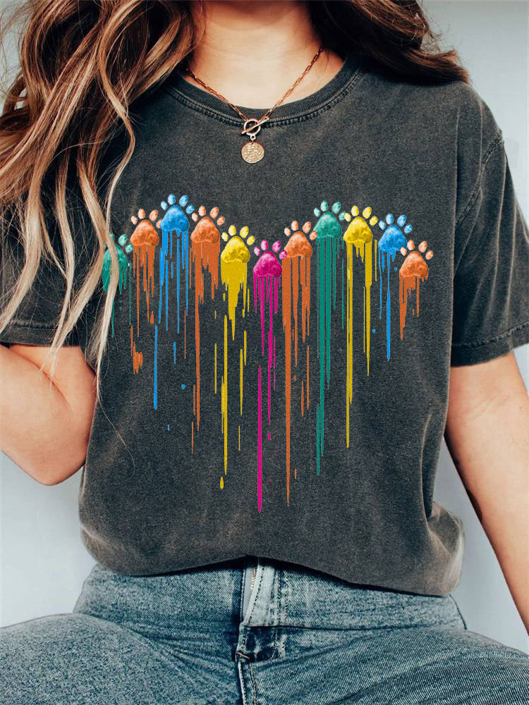 Colorful Paws Heart Print Casual Cotton T-Shirt elevenforest