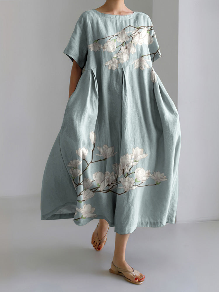Magnolia Flower Japanese Linen Blend Maxi Dress