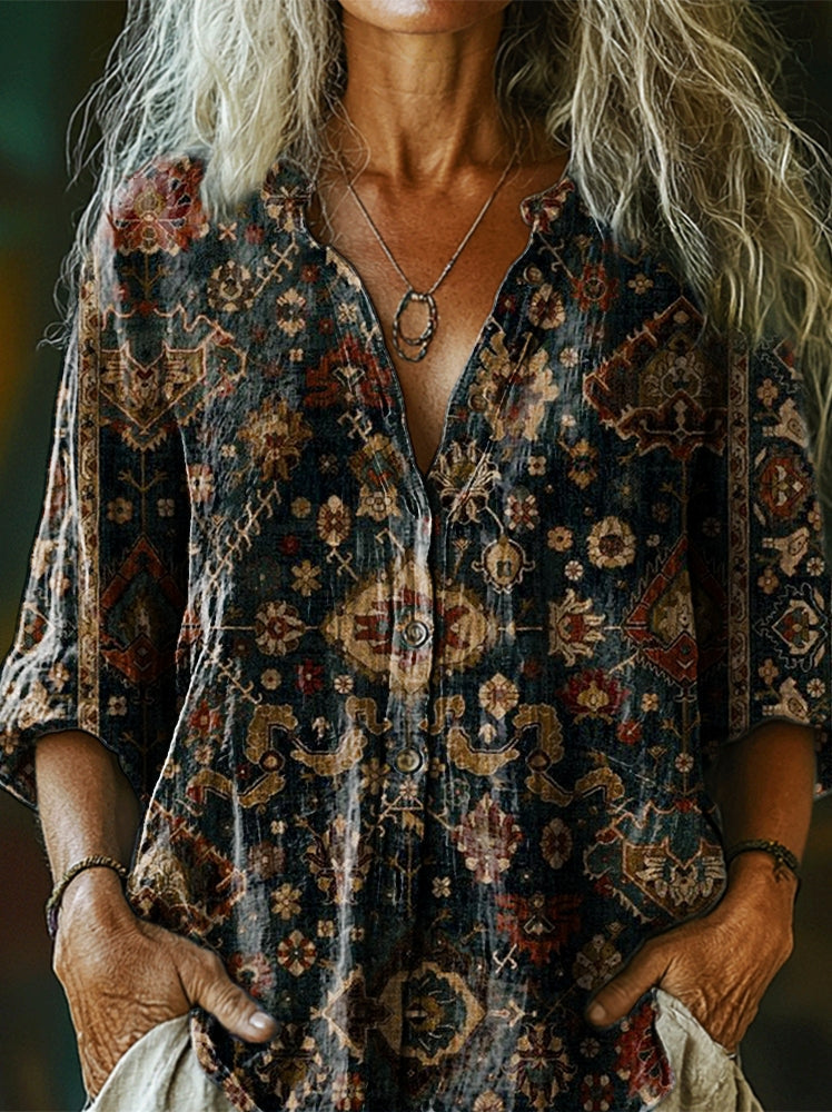 Women's Ethnic Totem Art Print Casual Cotton and Linen Shirt