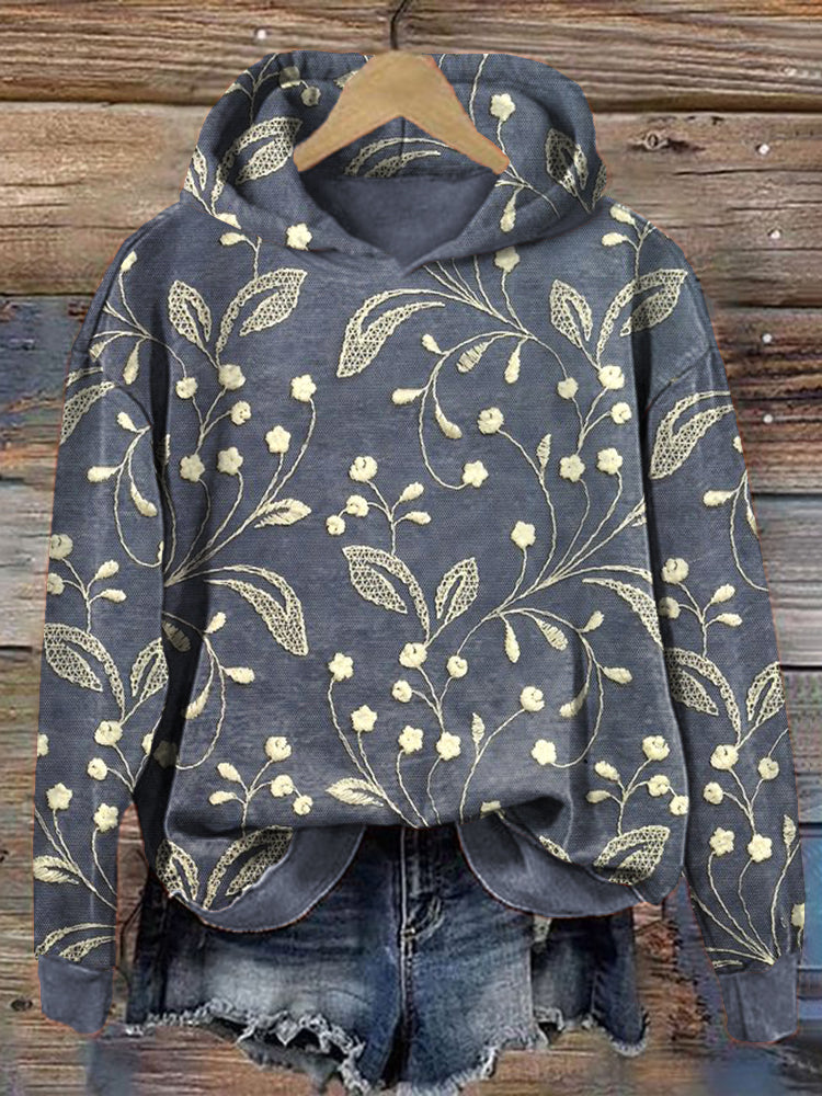 Comstylish Vintage Lace Floral Embroidery Pattern Cozy Hoodie