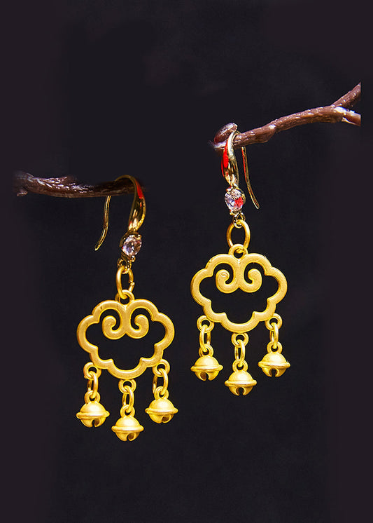 Stylish Auspicious Clouds Small Bell 14k Gold Drop Earrings