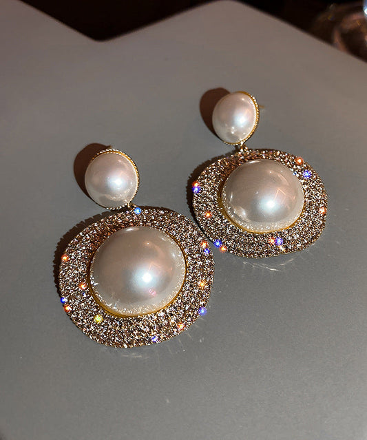 White Sterling Silver Overgild Zircon Pearl Drop Earrings