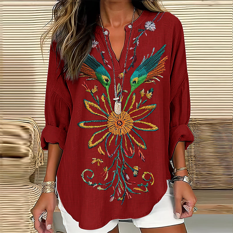 Women's Retro Ethnic Flower And Bird Art V-neck Shirt artswardrobe