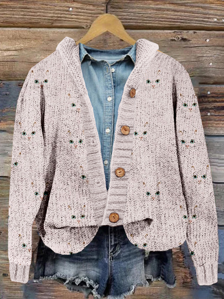 Cute Cat Face Pattern Cozy Hooded Button Cardigan elevenforest