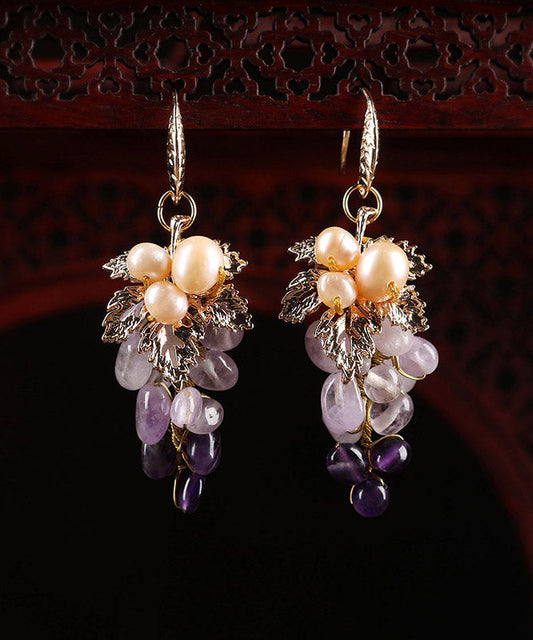 Purple Sterling Silver Crystal Pearl Grape Drop Earrings