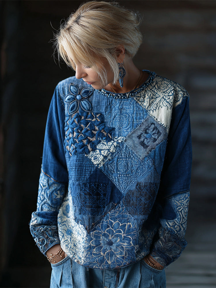Floral Geometric Thread Embroidery Vintage Women's Linen Long Sleeve Shirt elevenforest