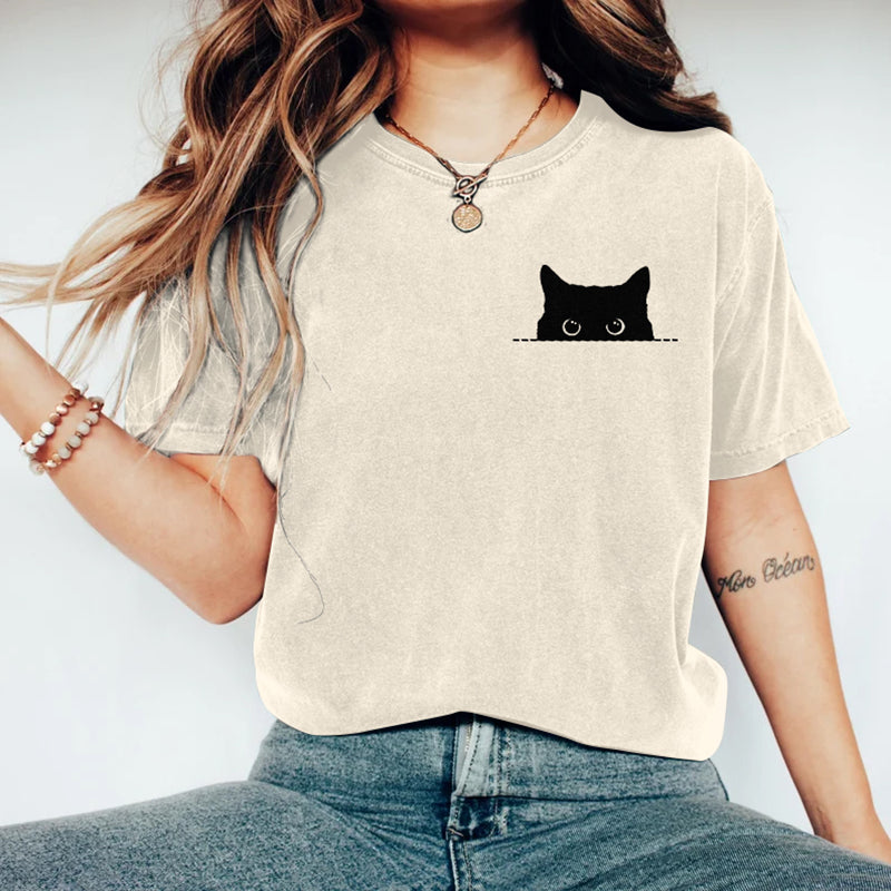 Women's Black Cats Art Washed T Shirt elevenforest