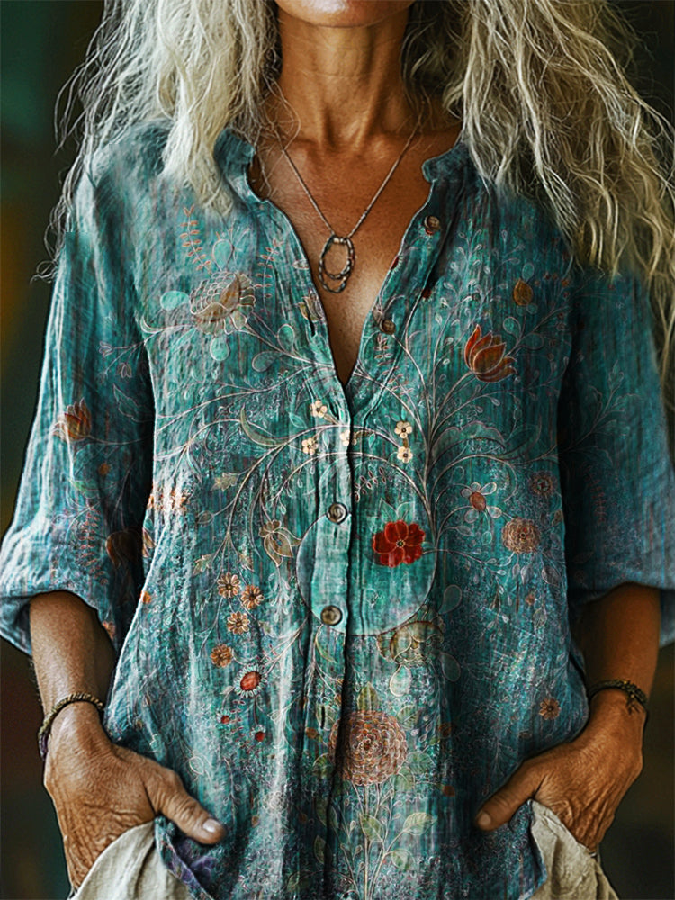 Women's Vintage Floral Art Print Casual Cotton Linen Shirt