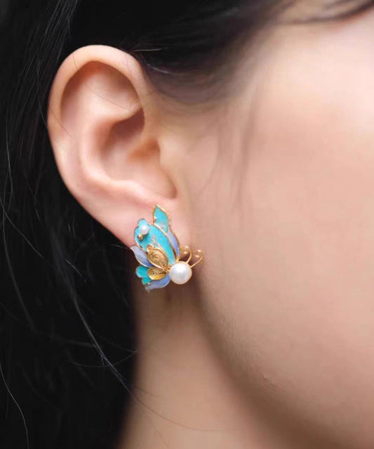 Blue Sterling Silver Overgild Pearl Butterfly Hollow Out Stud Earrings