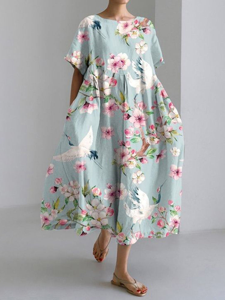 Crane Print Round Neck Short Sleeve Casual Midi Dress
