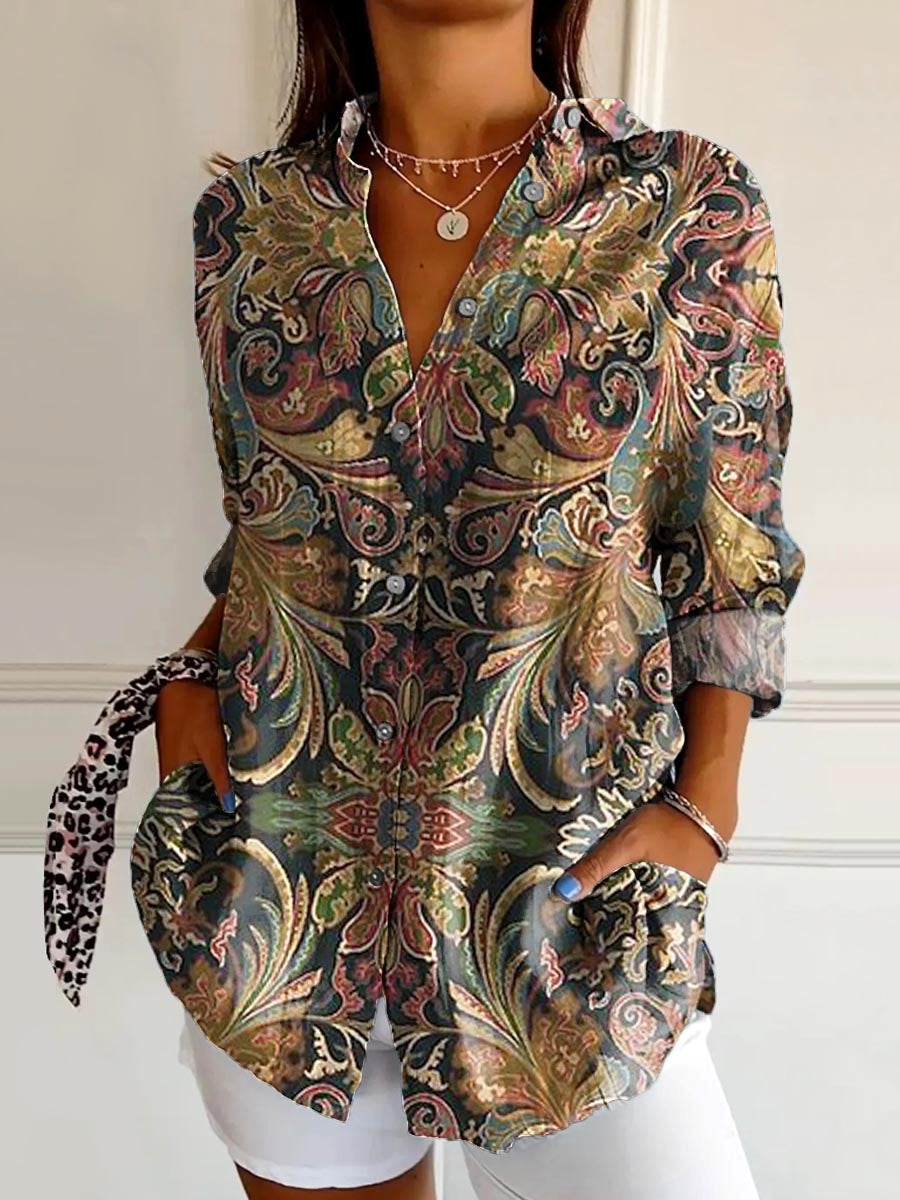 Women's Vintage Ethnic Floral Art Print Casual Cotton Shirt
