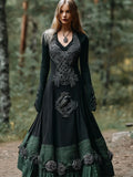Comstylish Halloween Crow & Rose Art Women's V-neck Long-sleeve Maxi Dress