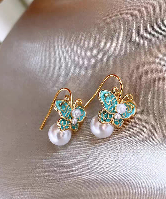 Blue Copper Alloy Enamel Butterfly Pearl Stud Earrings
