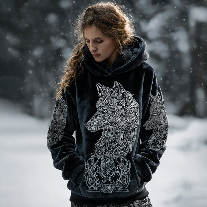 Comstylish Women's Viking Celtic Knot And Wolf Pattern Color Block Comfortable Plush Hoodie